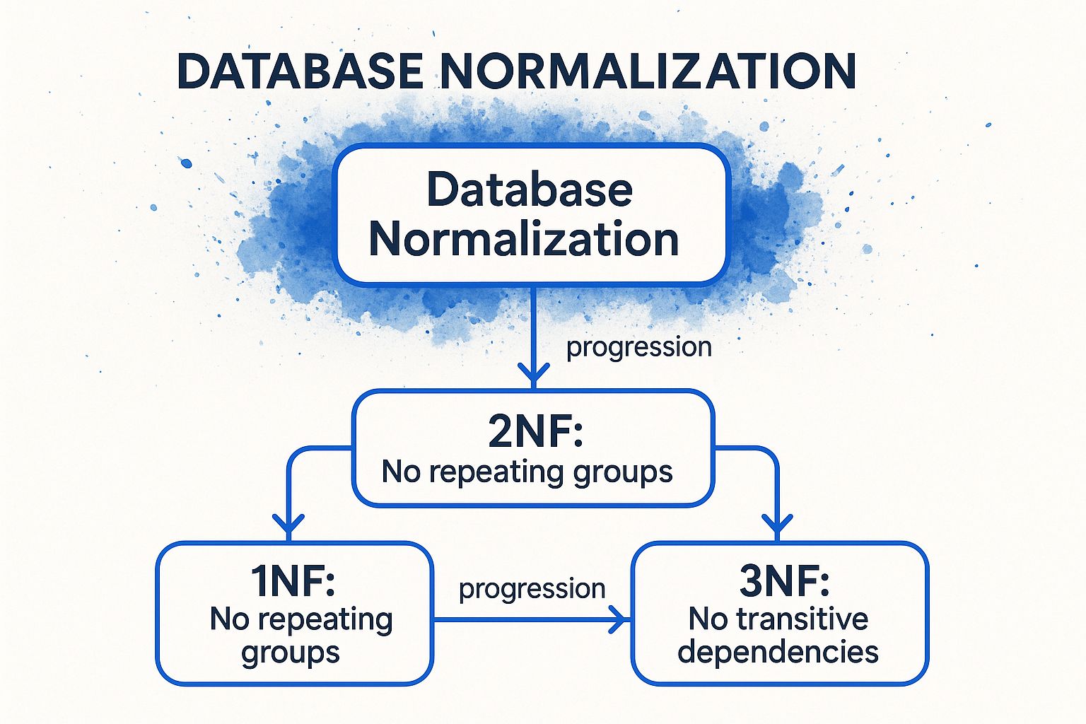 Infographic showing a concept map of the first three normal forms of database normalization