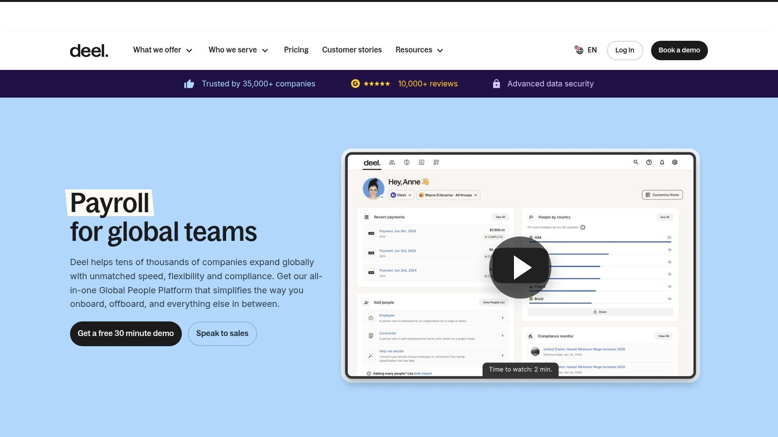 Deel's payroll dashboard showing global salary information and employee locations on a map