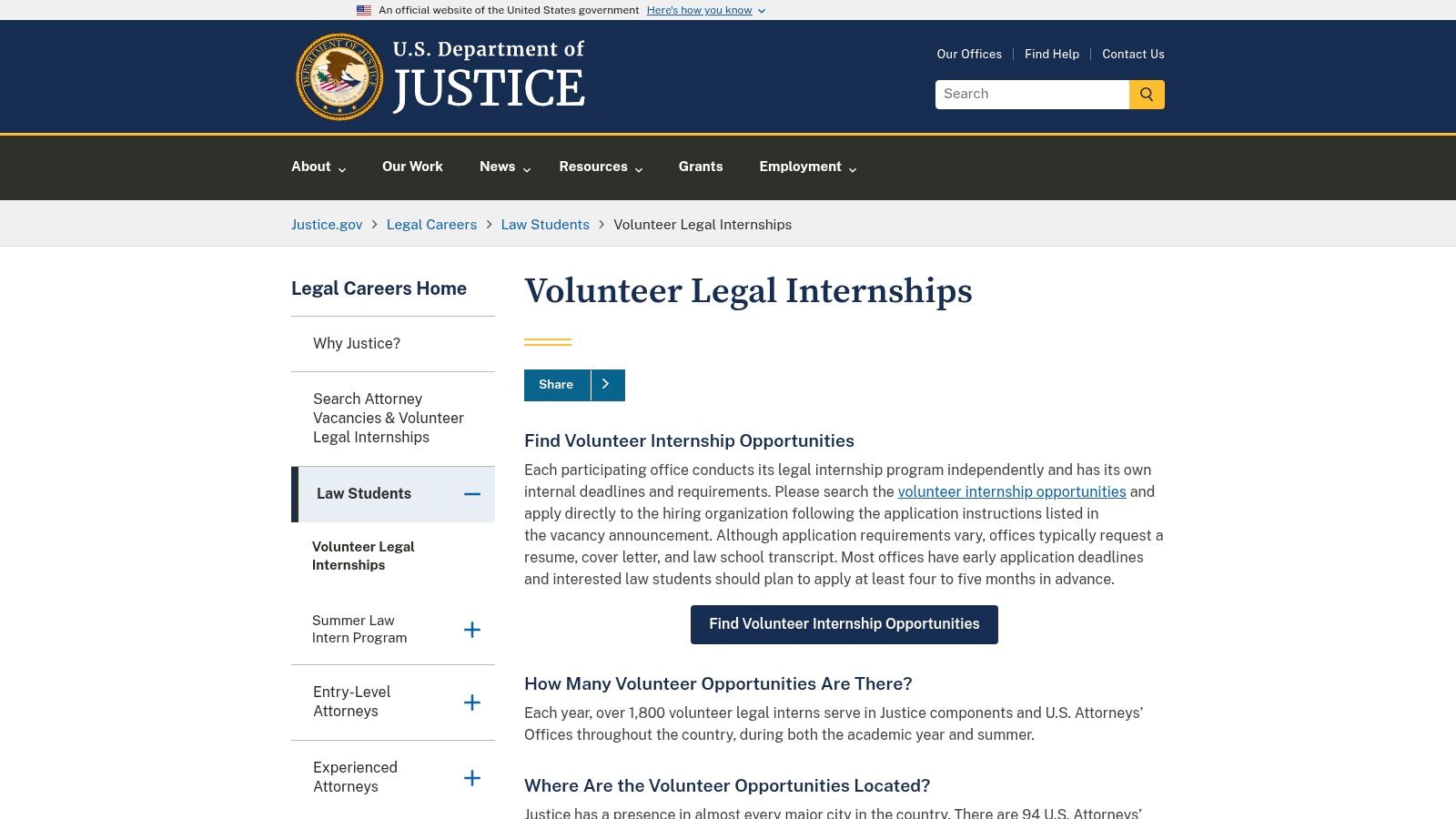 U.S. Department of Justice – Volunteer Legal Internships