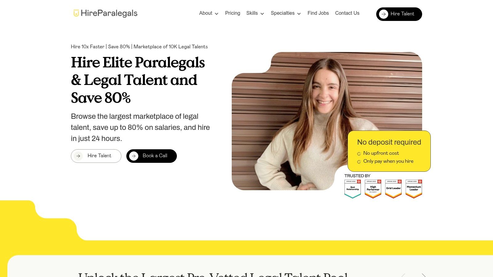 HireParalegals platform showcasing a vetted remote paralegal's profile, highlighting skills and experience for law firms.