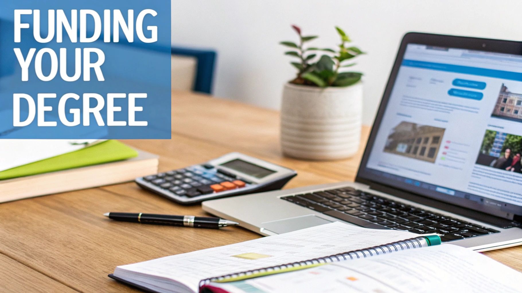 Desk setup with laptop showing a university website, calculator, and notebook, with 'FUNDING YOUR DEGREE' text overlay.