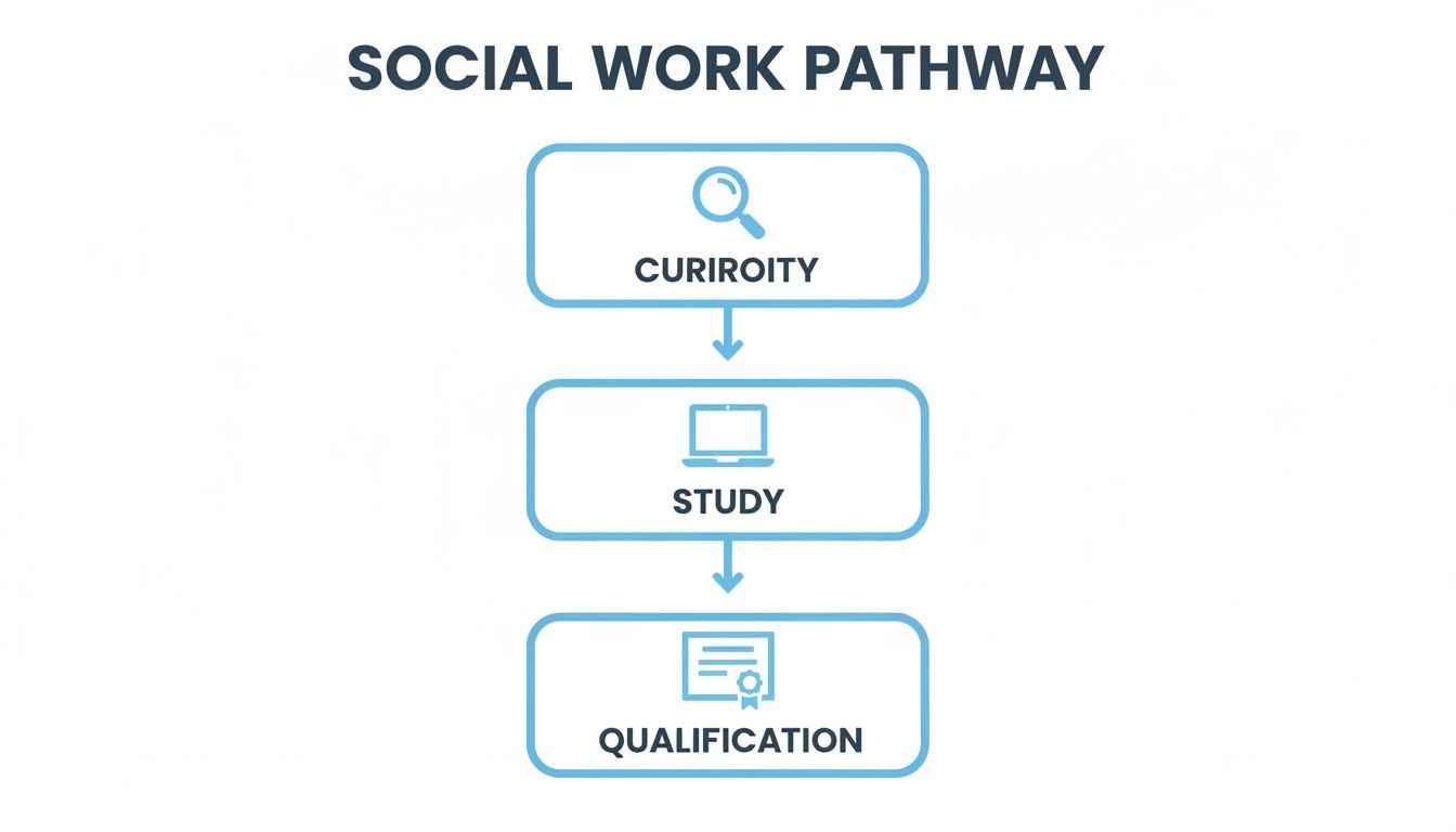 A blue and white flowchart illustrating the Social Work Pathway: CURIROITY, STUDY, and QUALIFICATION.