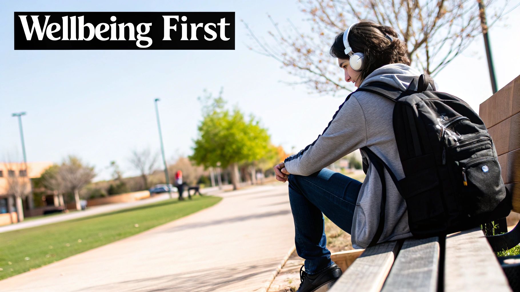 A student with headphones and backpack sits on a bench, promoting wellbeing outdoors.