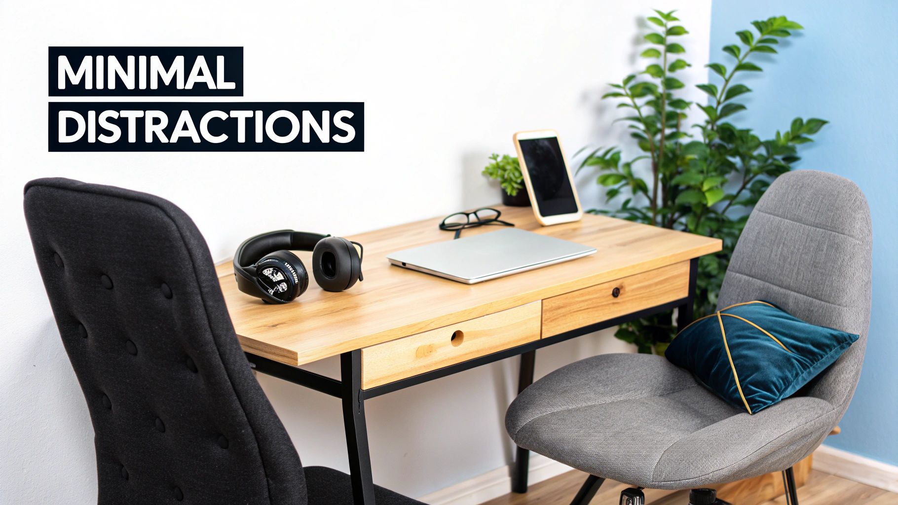 A minimalist and organized home office setup with a wooden desk, two chairs, laptop, headphones, and a plant.