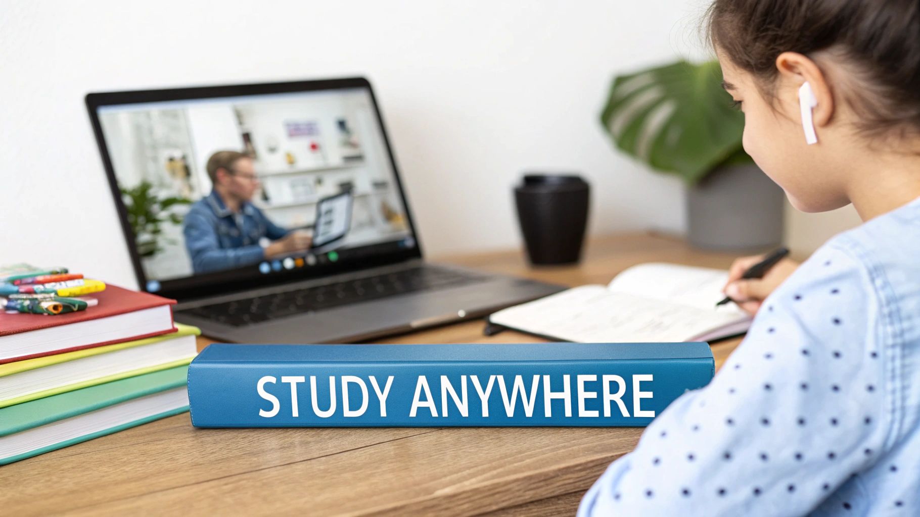 A student with earbuds studies online, taking notes while watching a virtual lesson on a laptop.