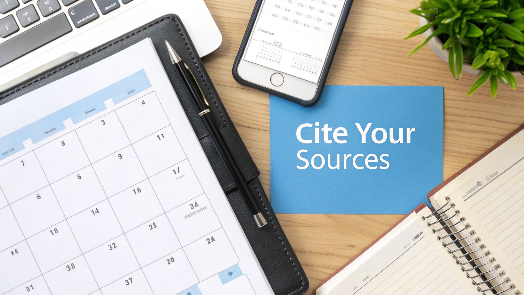 A flat lay of a desk with a planner, phone, laptop, and a note reading 'Cite Your Sources'.