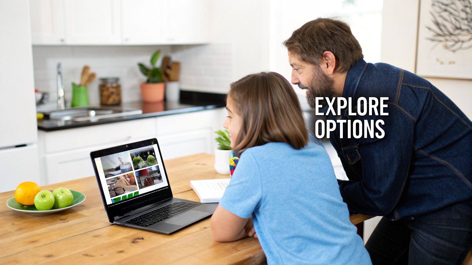 A man and a girl look at a laptop together, exploring options on the screen at home.