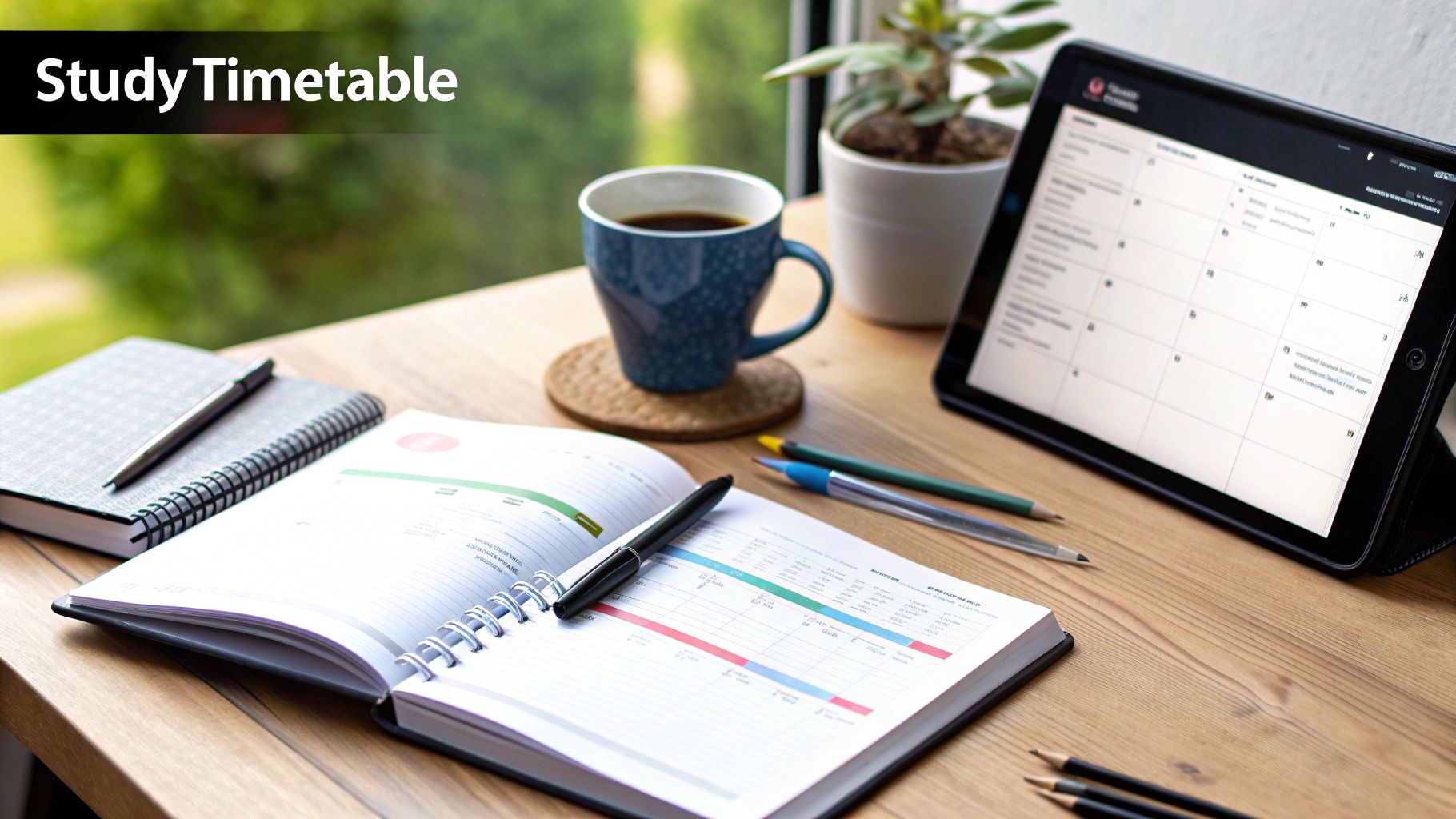 A well-organized study desk featuring an open planner, a tablet displaying a timetable, and coffee.