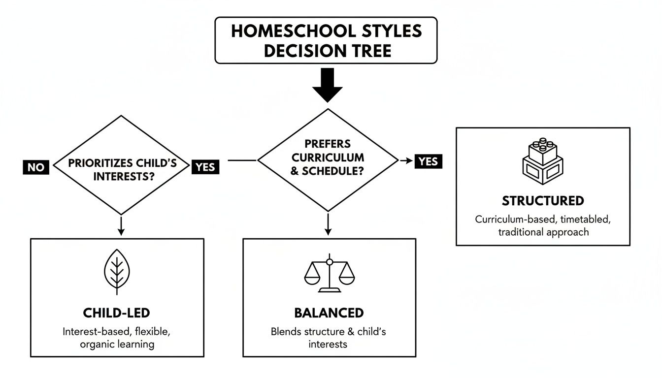 A homeschool styles decision tree flowchart guiding parents to choose between child-led, balanced, or structured approaches.