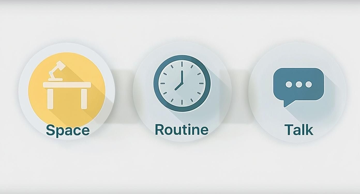 Infographic about learning in virtual environments showing icons for Space, Routine, and Talk.