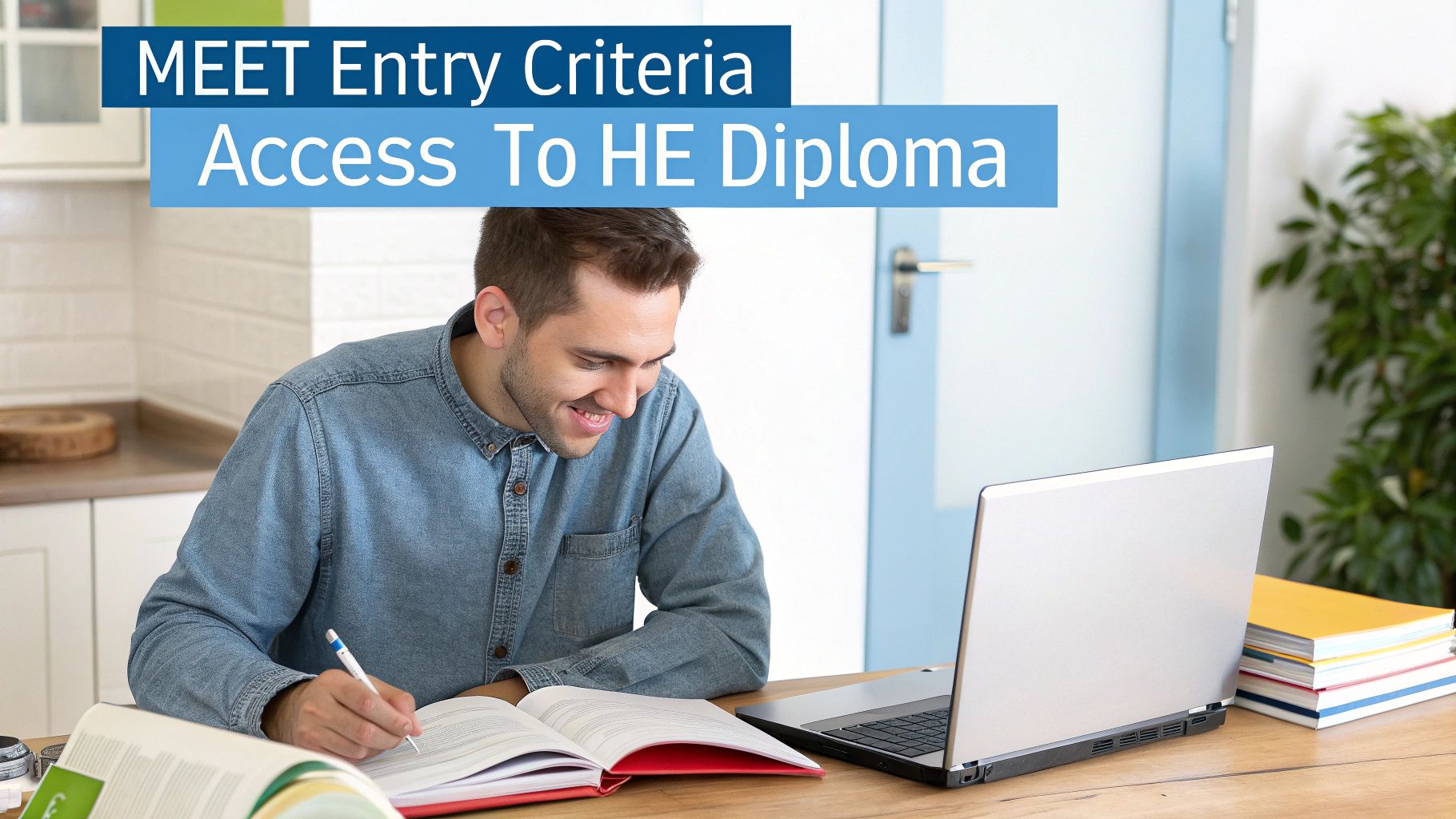 A mature student studies for a nursing qualification at a desk with a laptop and textbooks.