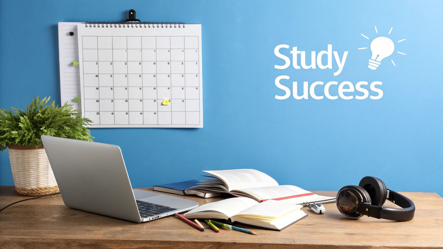 A student taking notes at a well-organised desk with a laptop and books.