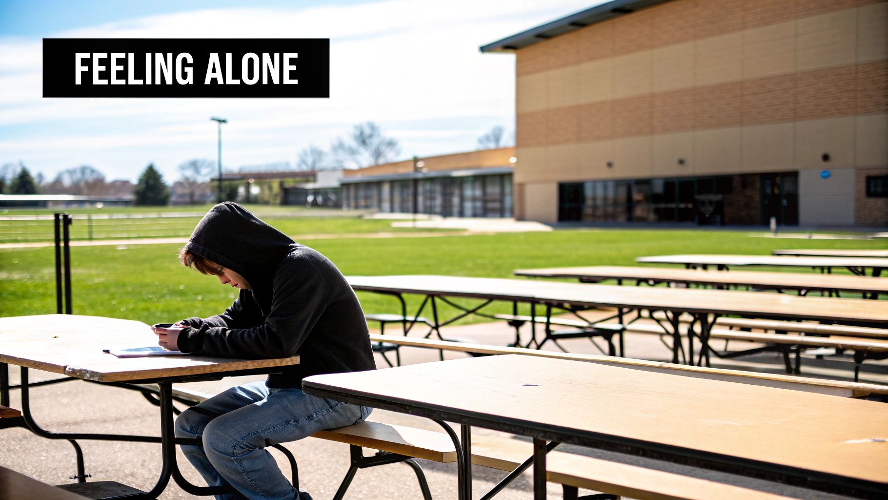 A lone child sitting on a bench while other children play in the background