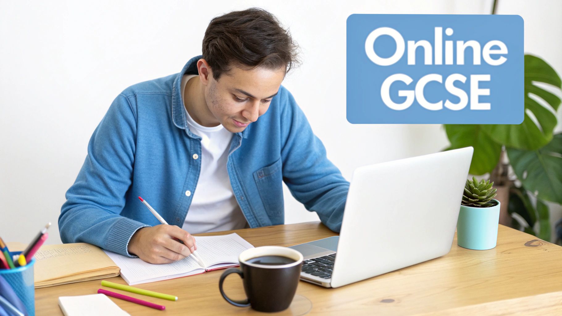 Young man studying for Online GCSE, writing notes while looking at his laptop.