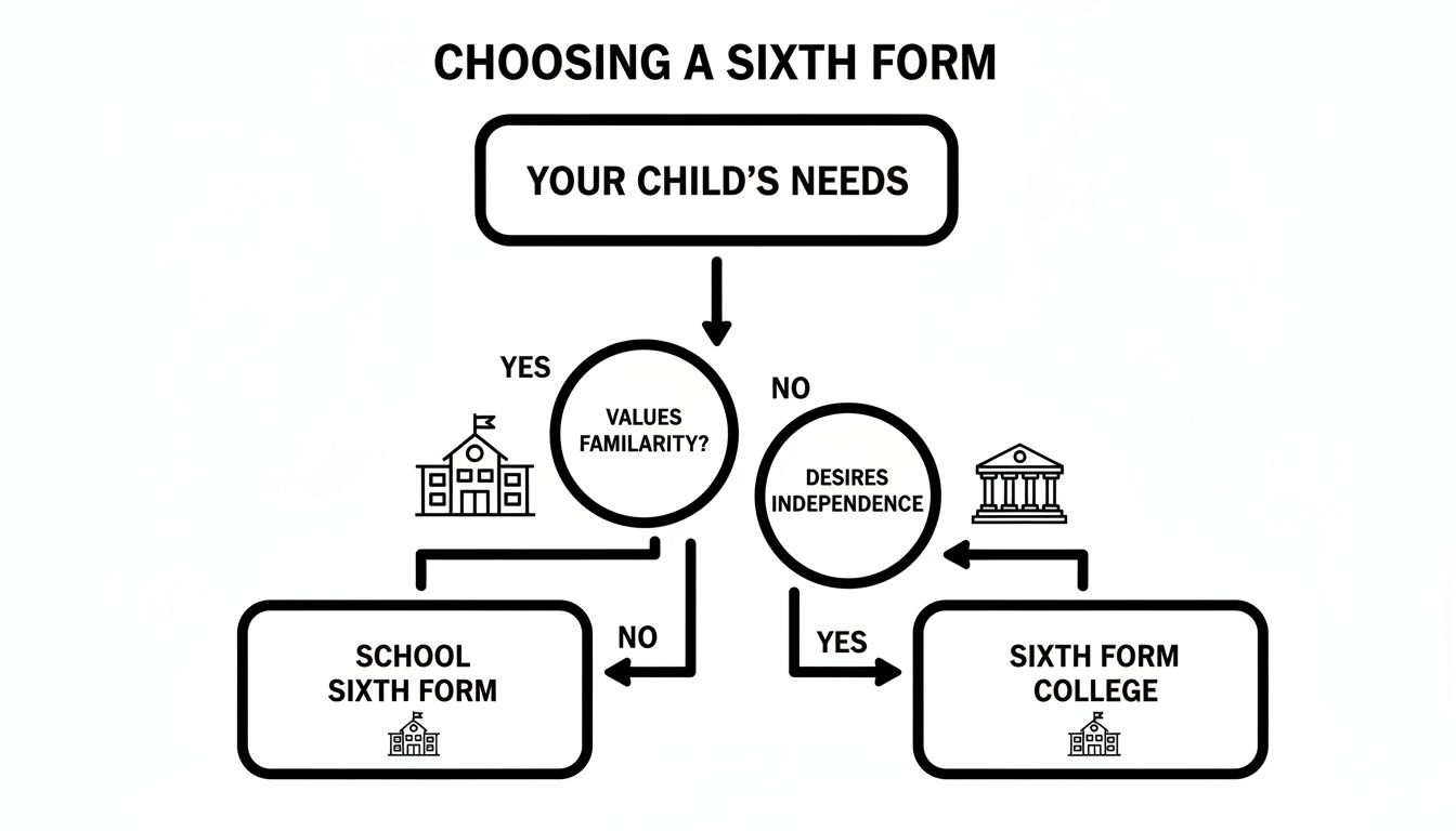 Flowchart guiding the choice of a sixth form based on a child's needs for familiarity or independence.