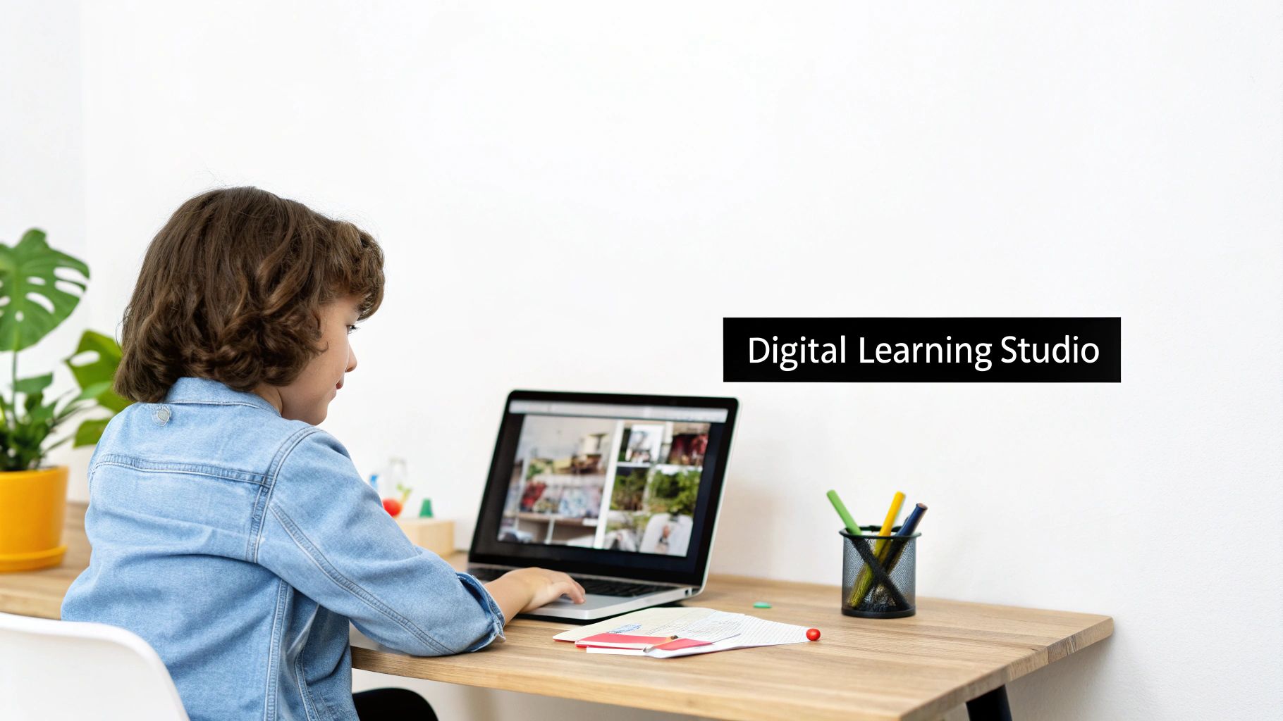 A young student wearing headphones and smiling while engaging with an online lesson on her laptop.