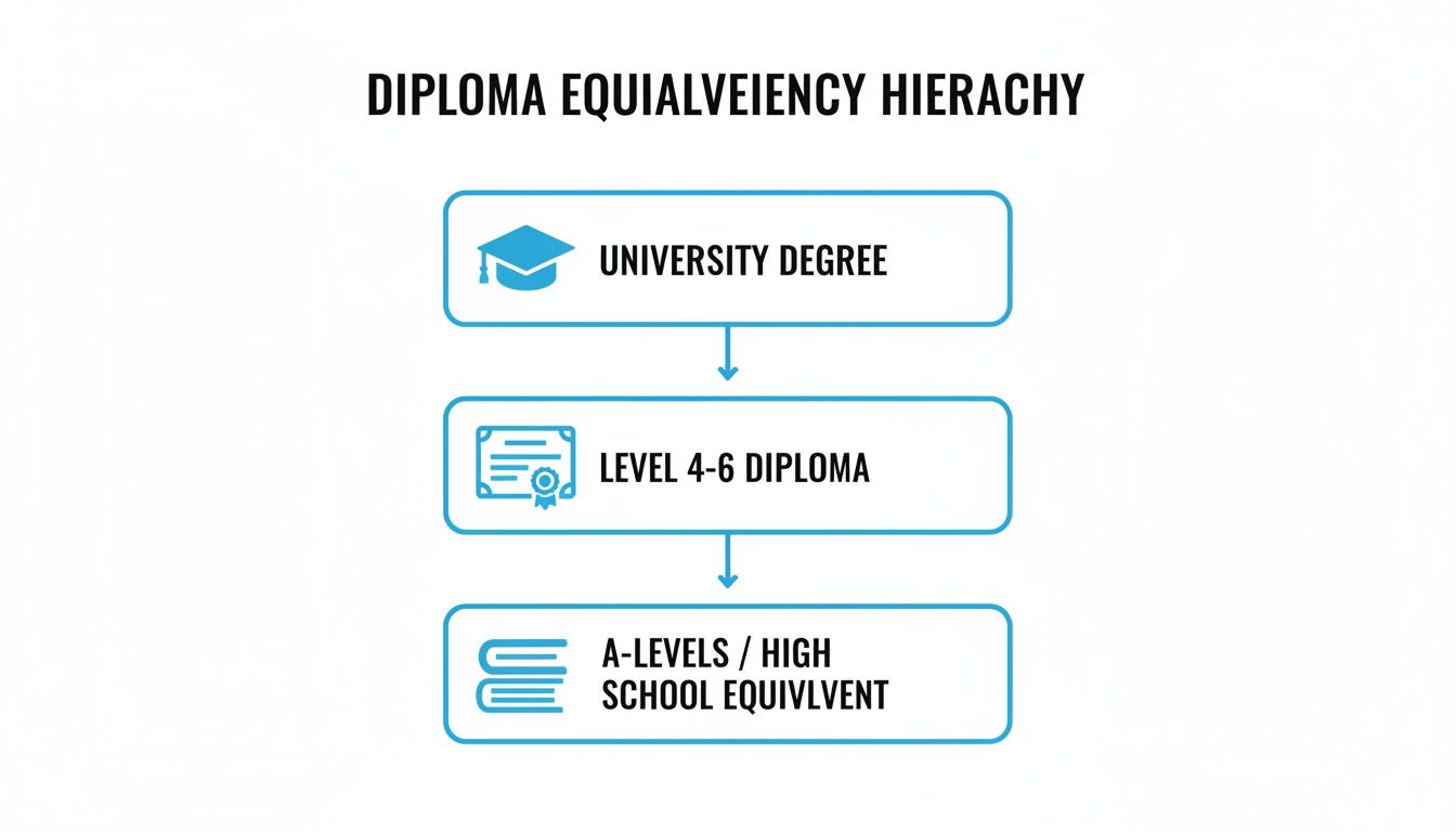 A diagram illustrating the diploma equivalency hierarchy, from university degree down to high school equivalent.