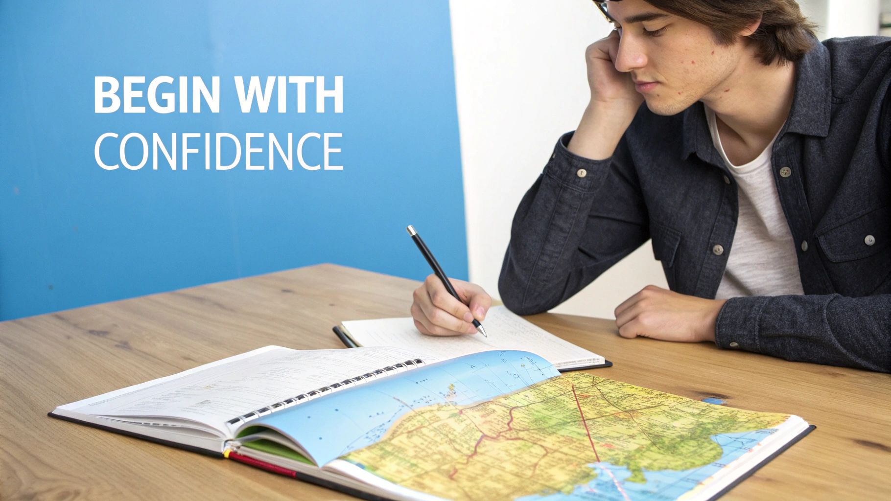 A focused student writes in a notebook at a wooden desk with an open map, 'BEGIN WITH CONFIDENCE' on the wall.