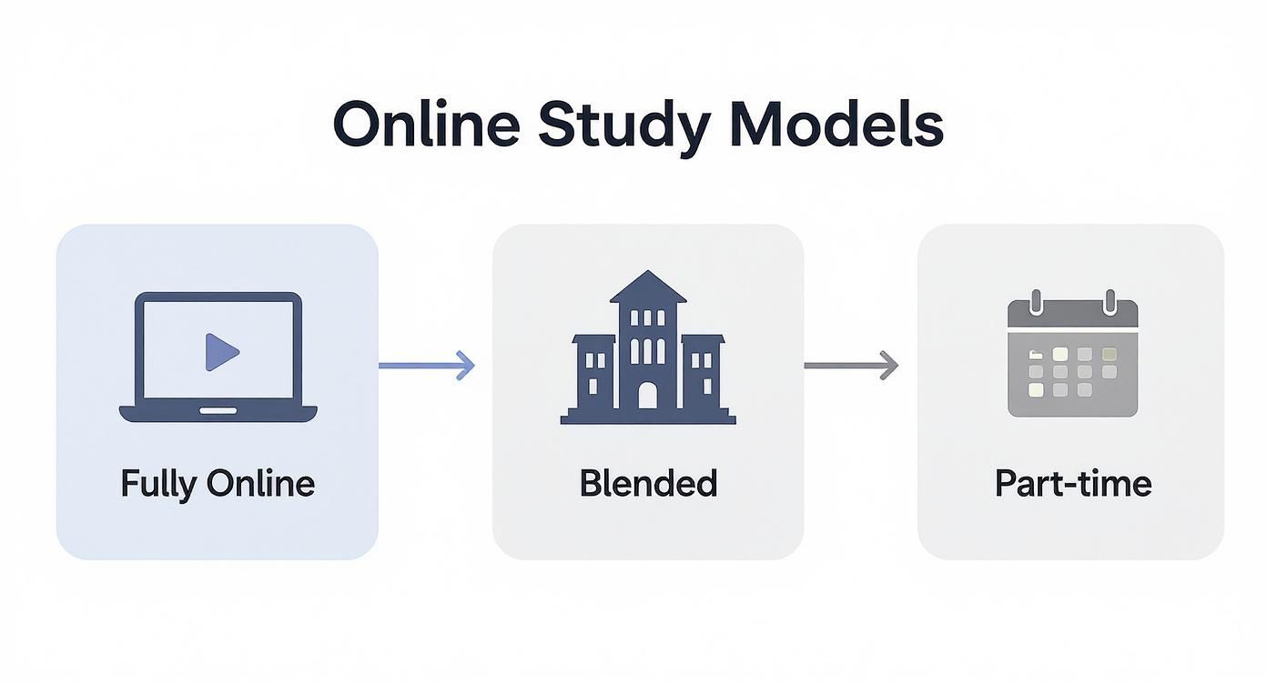 Infographic displaying three online study models: Fully Online, Blended, and Part-time, each with a descriptive icon.