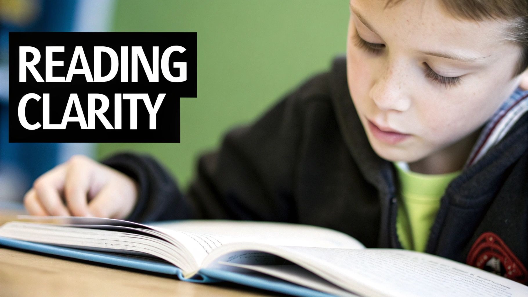 A young boy with freckles intently reading an open book, emphasizing reading clarity.