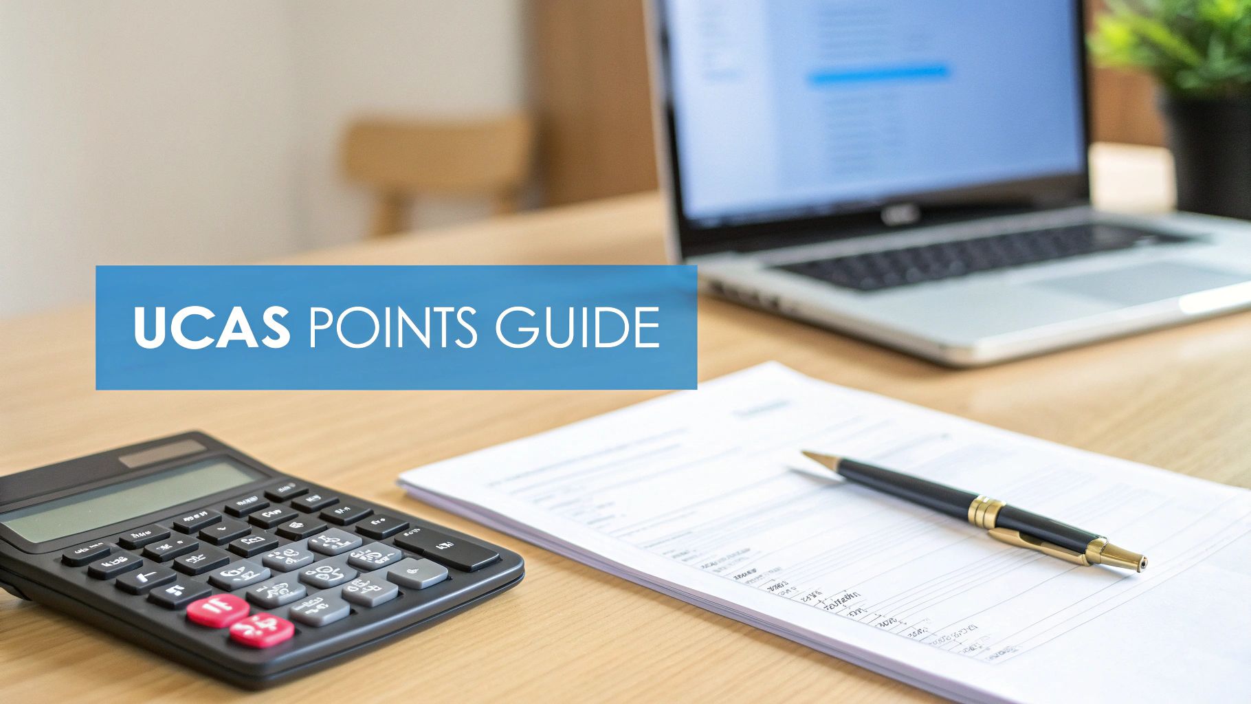 A desk with a calculator, documents, and a laptop, featuring a 'UCAS POINTS GUIDE' banner.