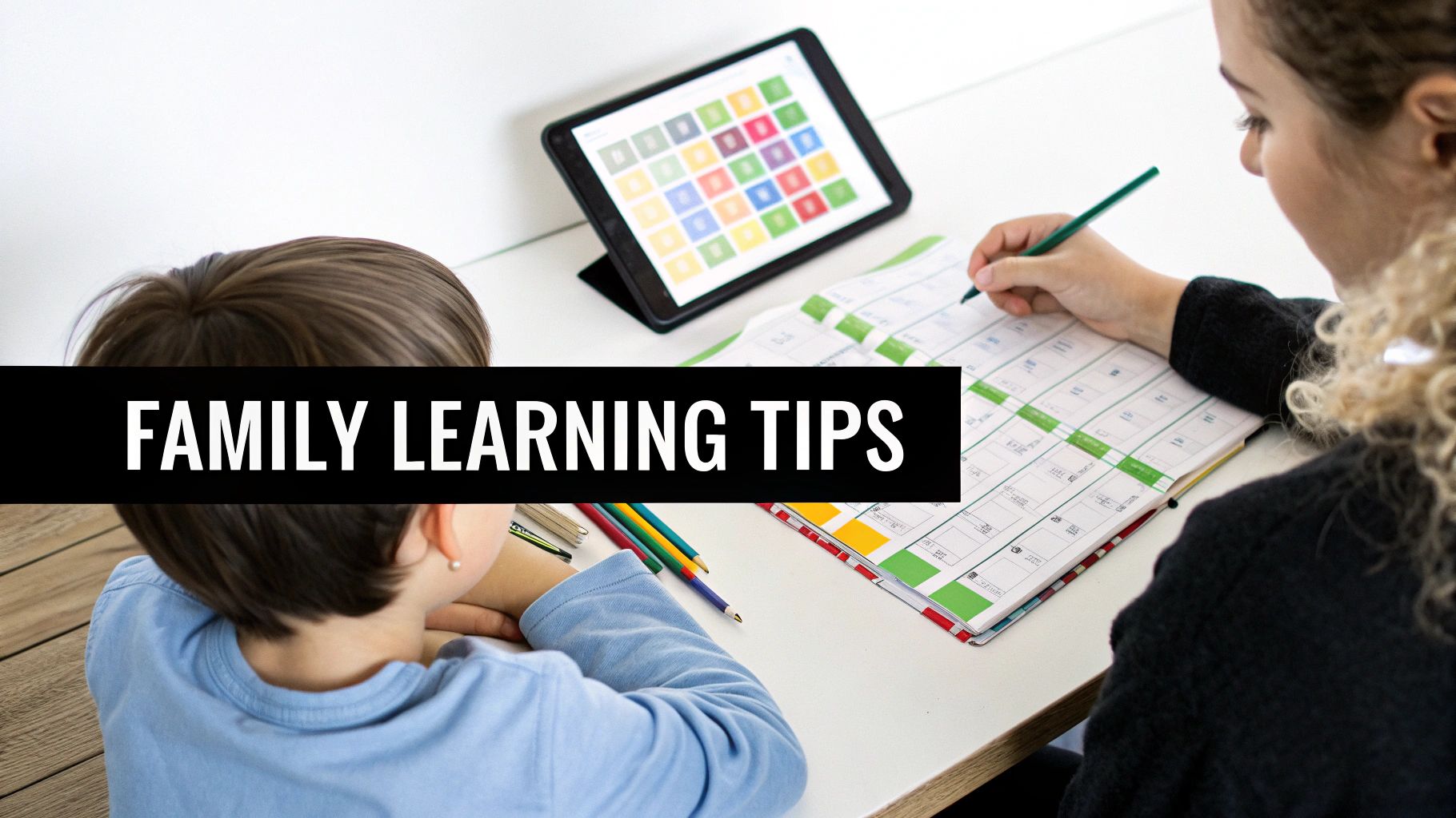 A child and an adult engaging in family learning at a desk, using a tablet and workbook.