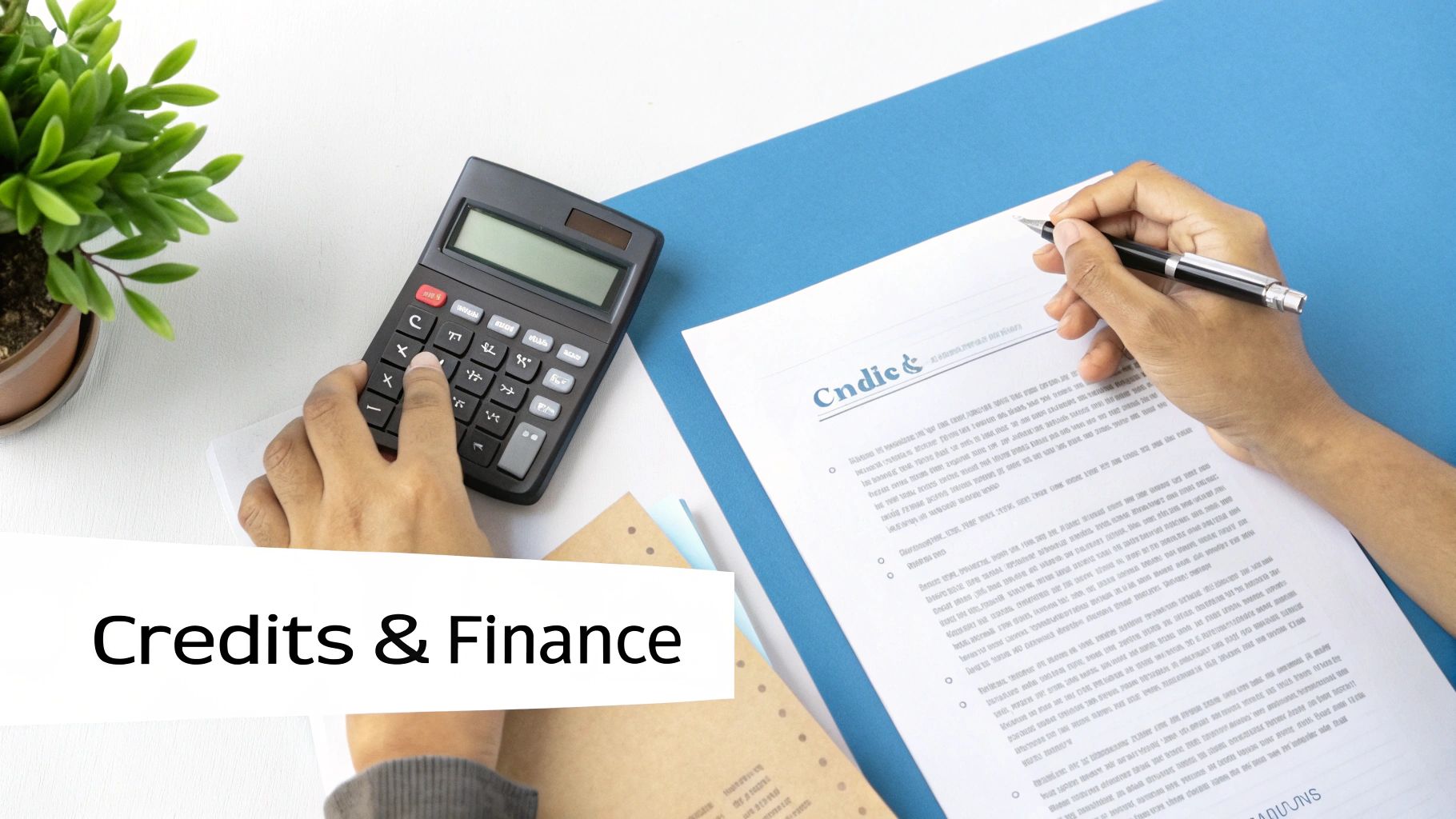 Person calculating finances with a calculator and writing on a document, illustrating credit and finance.