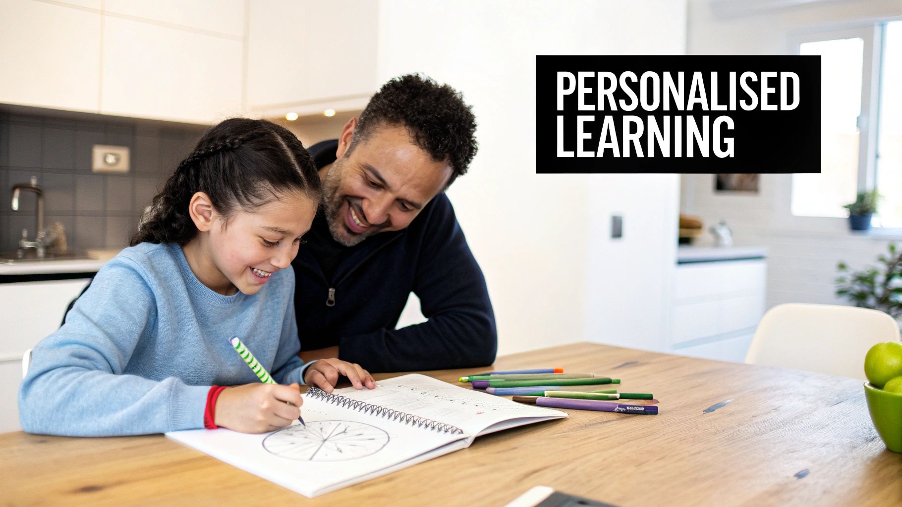 A smiling father and daughter engaged in personalized learning, drawing together at a wooden table.