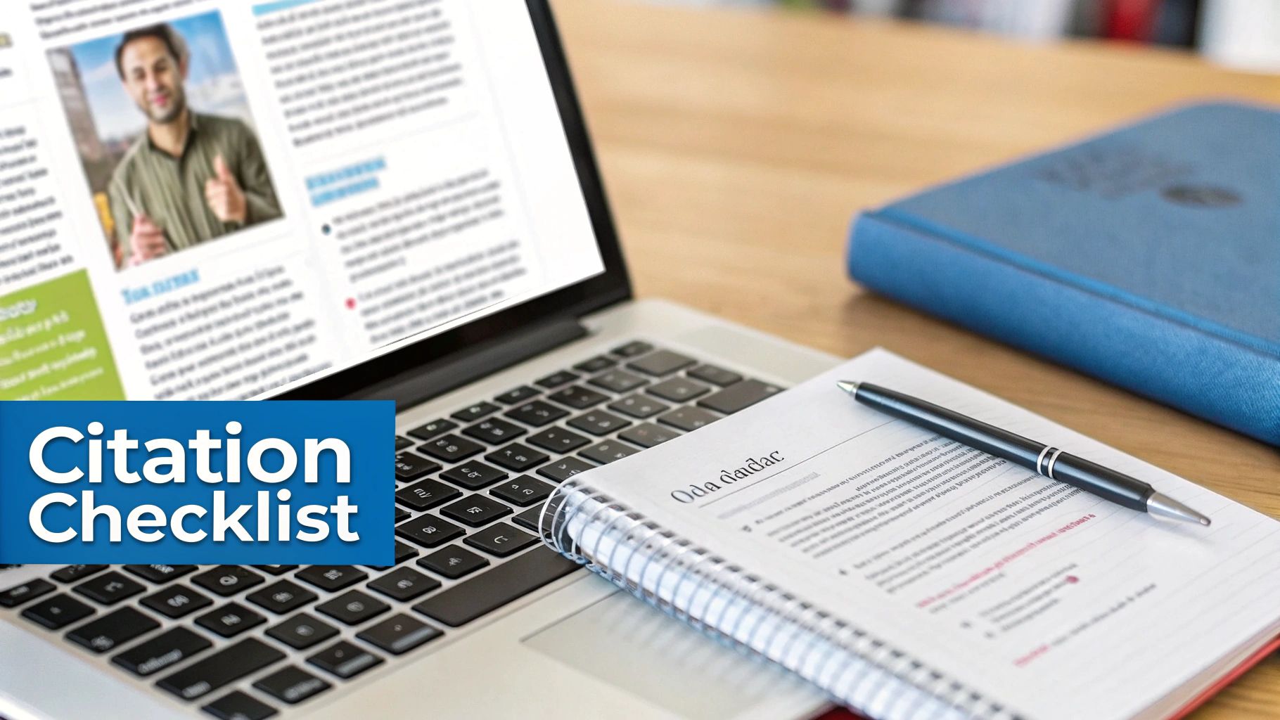 A laptop screen shows a 'Citation Checklist' banner, alongside a notebook and pen on a wooden desk.