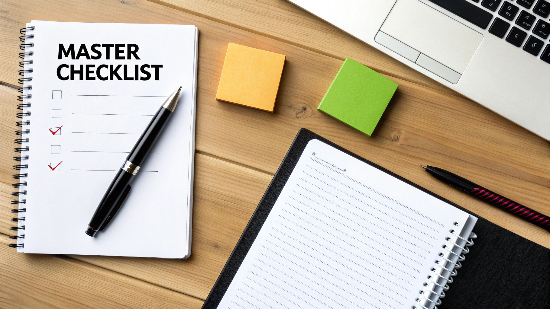 A flat lay of an organized wooden desk with a 'MASTER CHECKLIST' notebook, pen, and laptop.