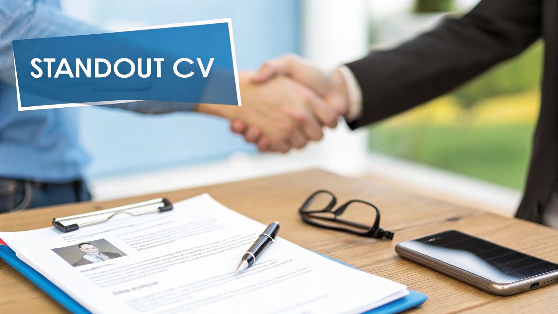 Close-up of a job interview handshake with a CV, pen, glasses, and phone on the table, emphasizing a 'STANDOUT CV'.