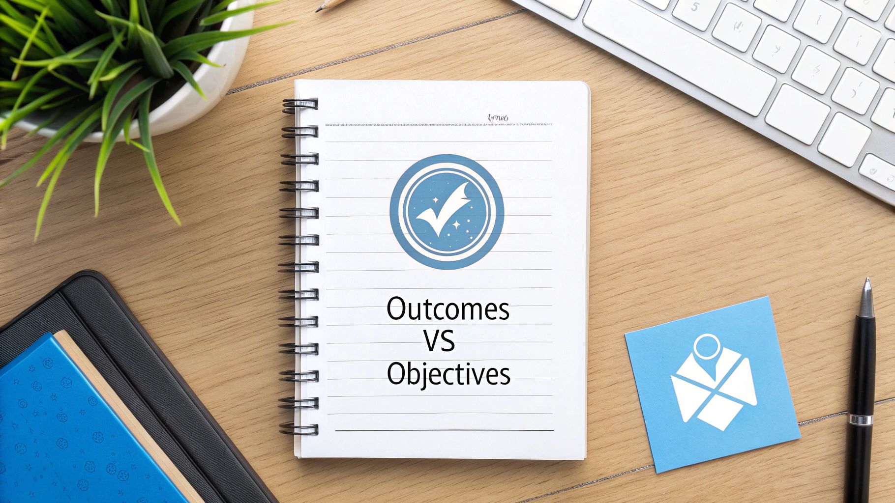 A spiral notebook on a wooden desk displaying the title 'Outcomes VS Objectives' with a checkmark icon.