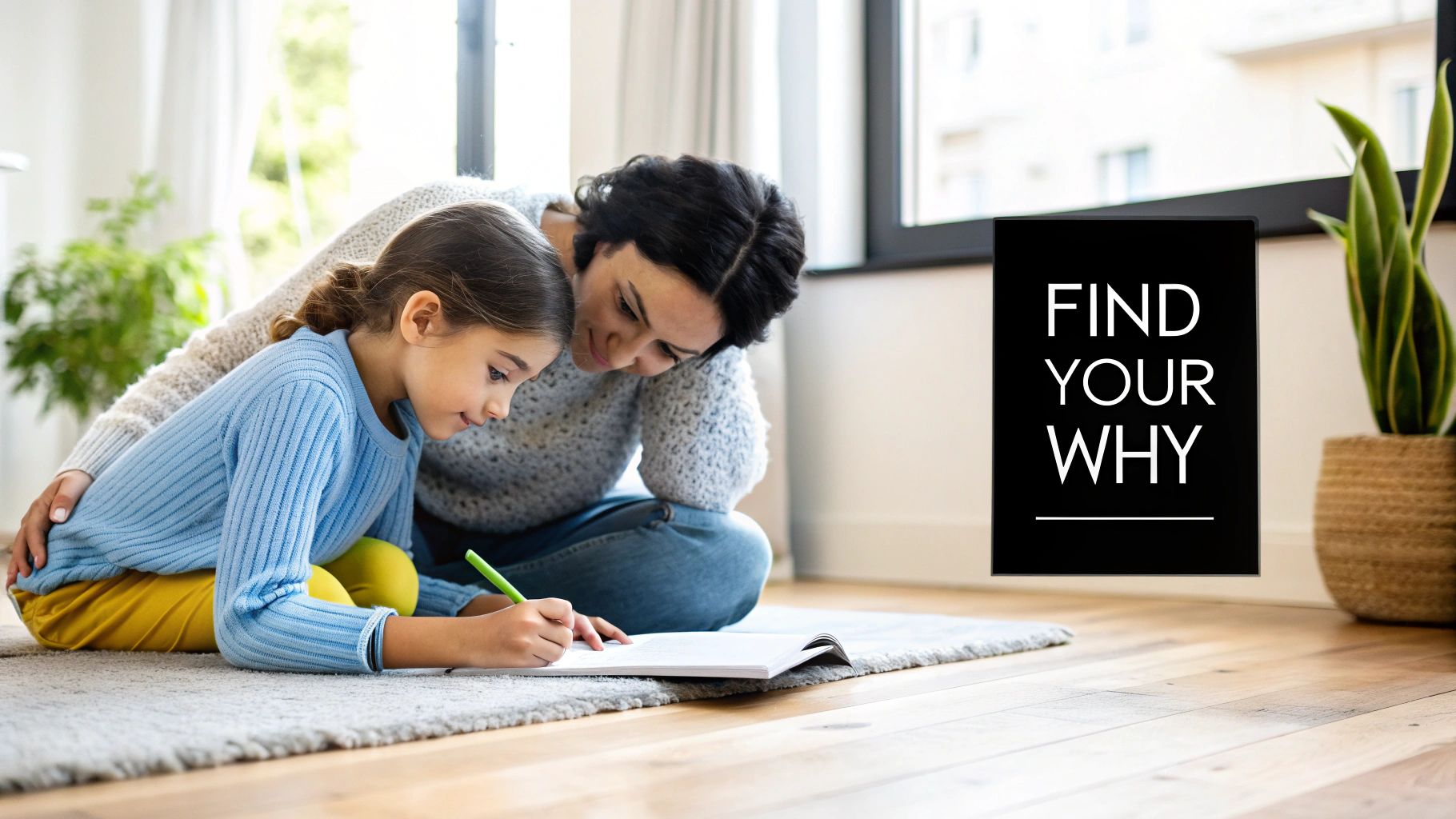 A mother and daughter sit on a floor, writing in a book, with a 'FIND YOUR WHY' sign.