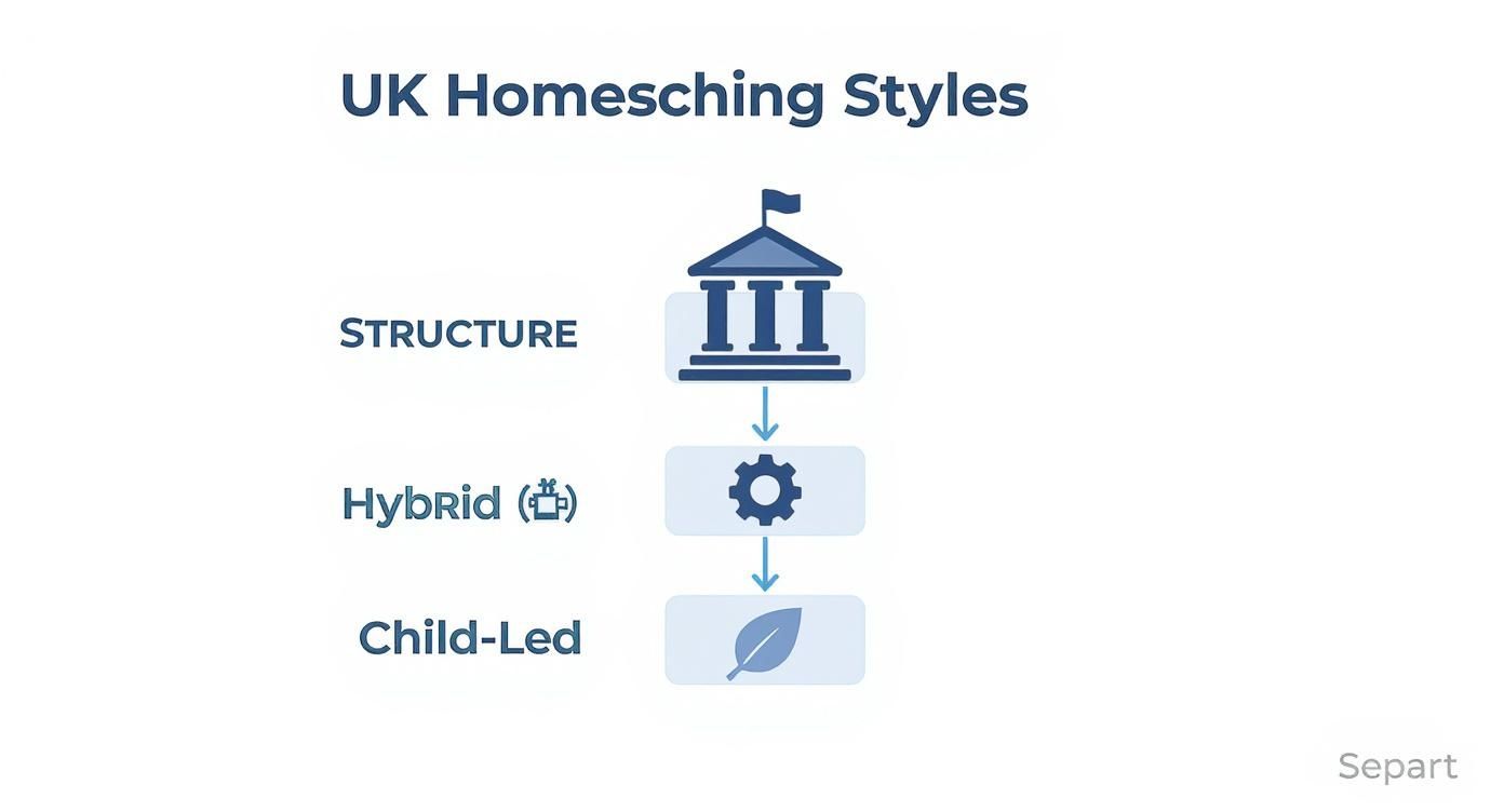 Infographic illustrating the hierarchy of UK homeschooling styles, from structured to hybrid to child-led.