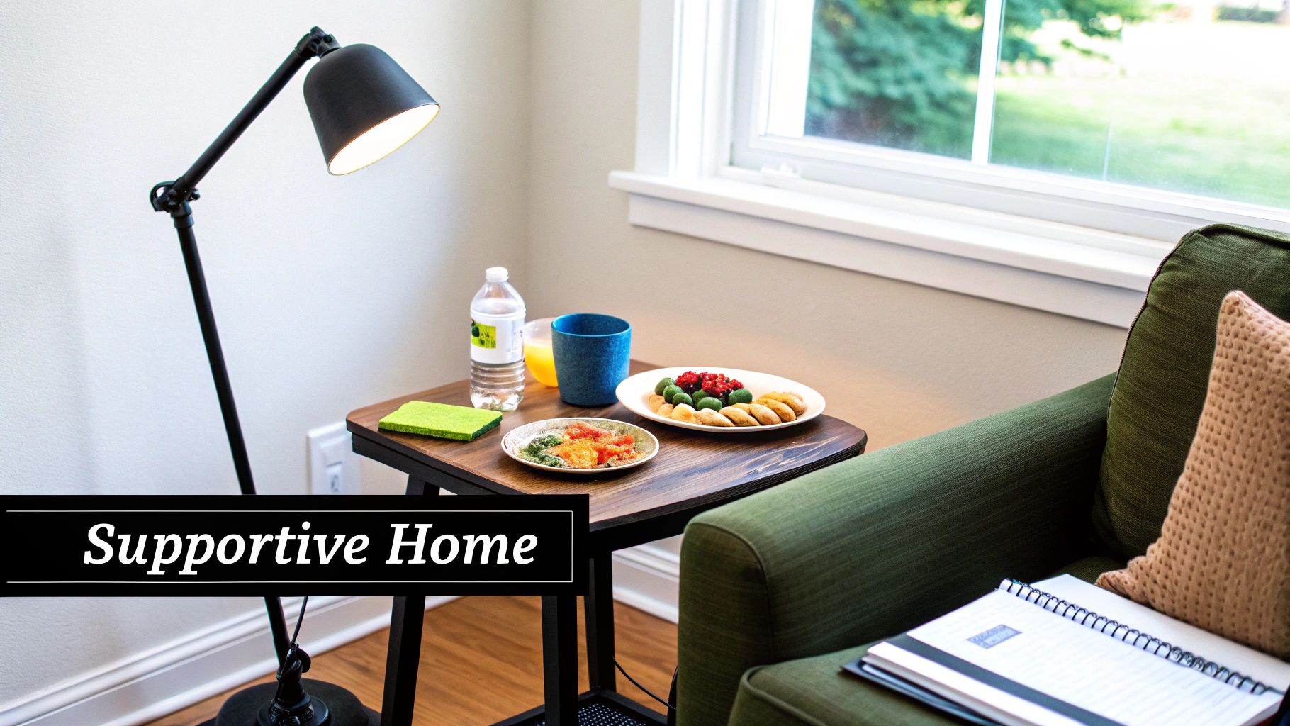 A cozy home setting with a green armchair, side table with snacks, and a lamp by a window.