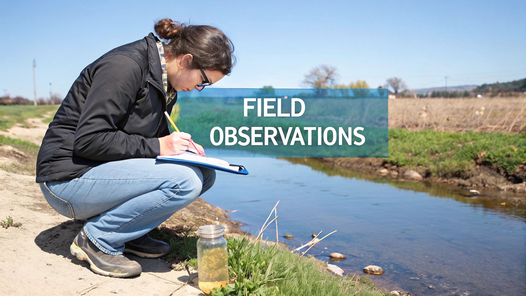 Environmental researcher takes field notes and collects water samples by a river on a sunny day.