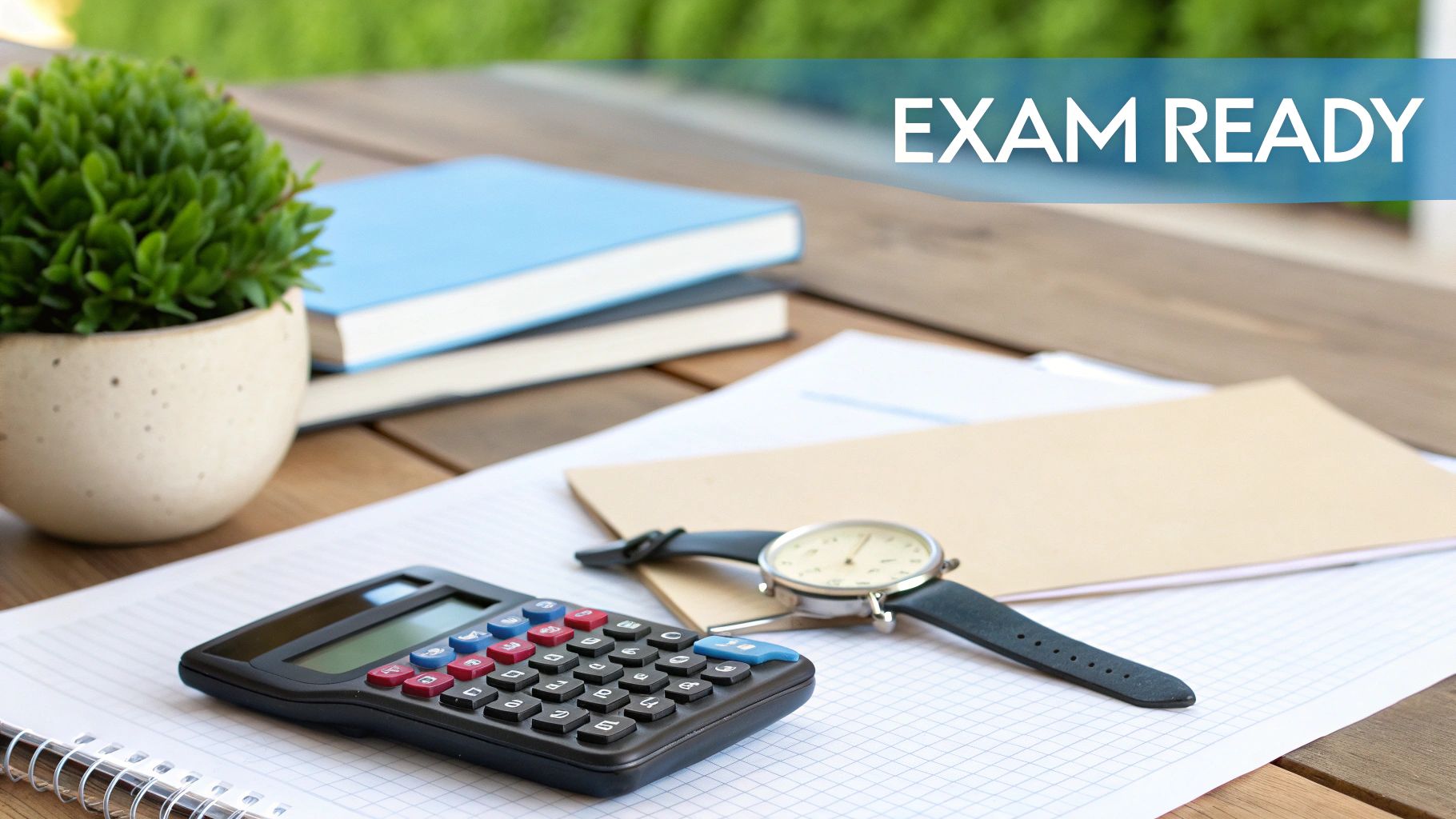 Exam preparation scene with a calculator, watch, books, and a plant on a wooden table.