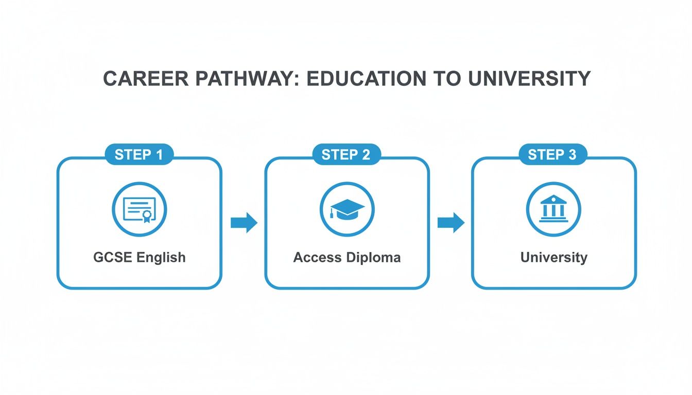 A three-step career pathway diagram showing progression from GCSE English to an Access Diploma and then to University.