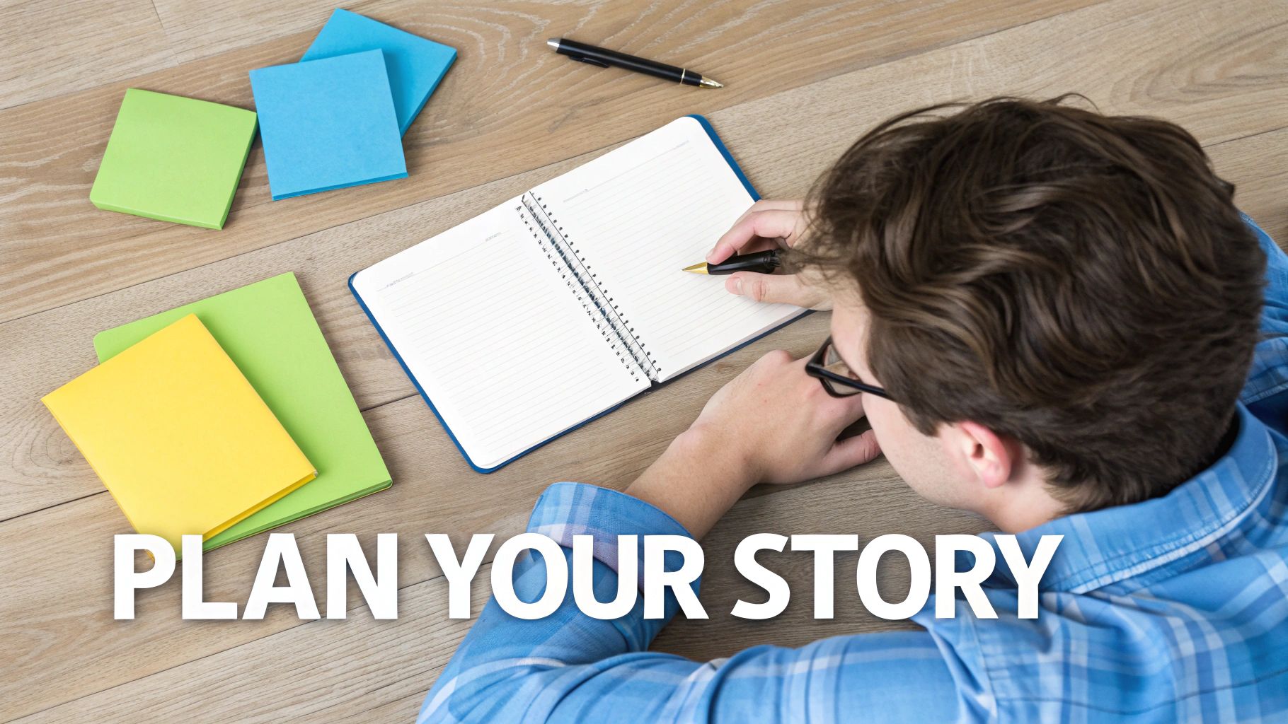 A person brainstorming at a desk with sticky notes and a laptop, outlining their personal statement.