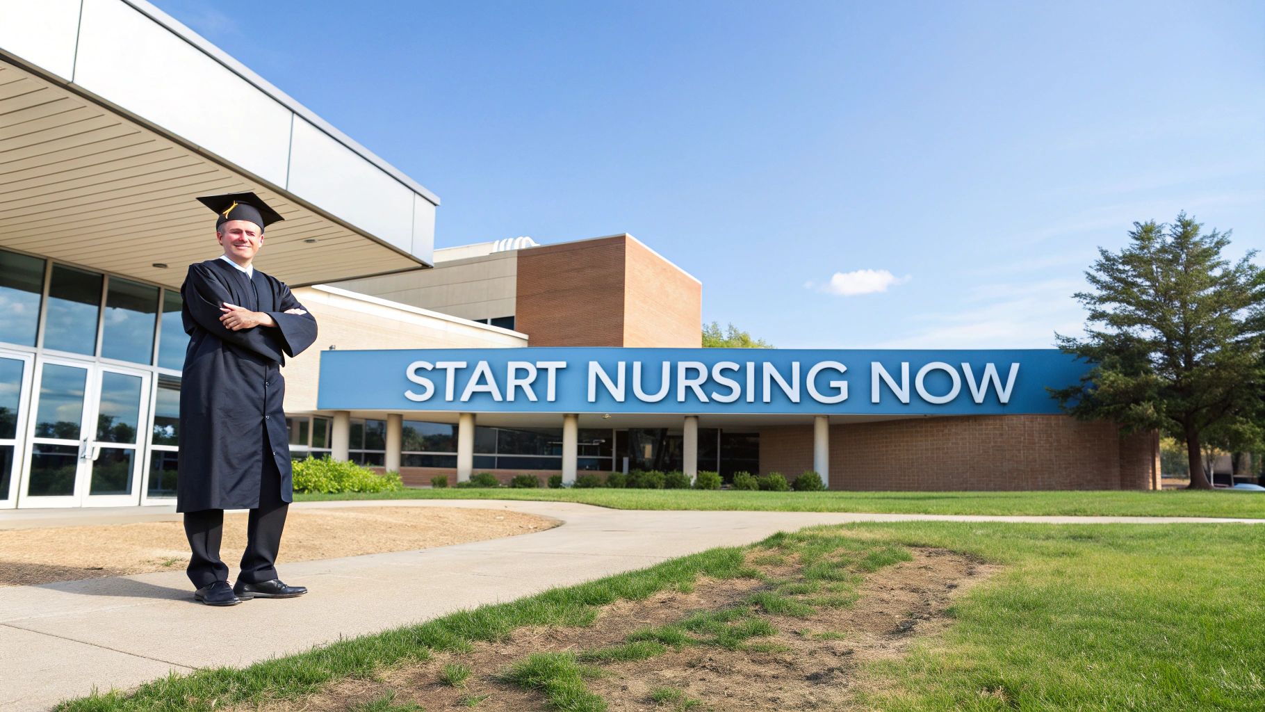 Graduate in cap and gown standing outside nursing school building with start nursing now banner