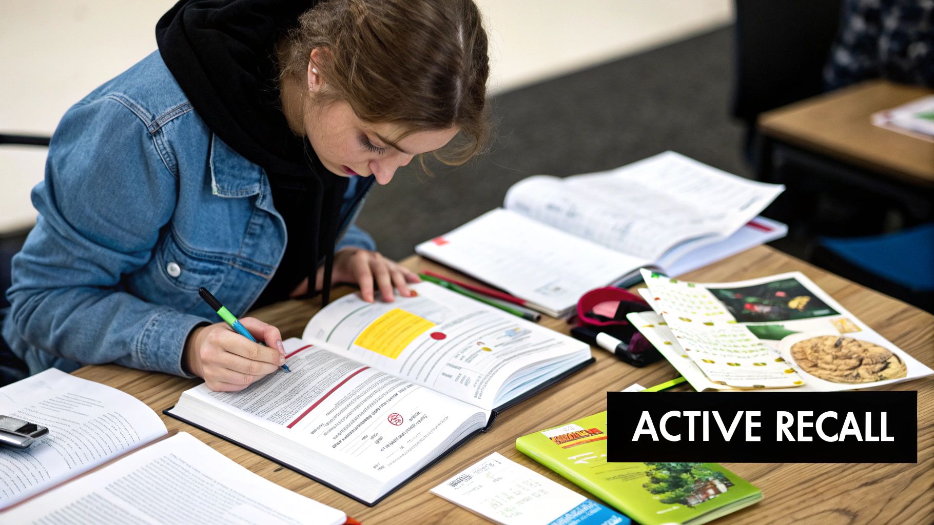 Students using flashcards and active recall techniques to revise for A Level Biology.