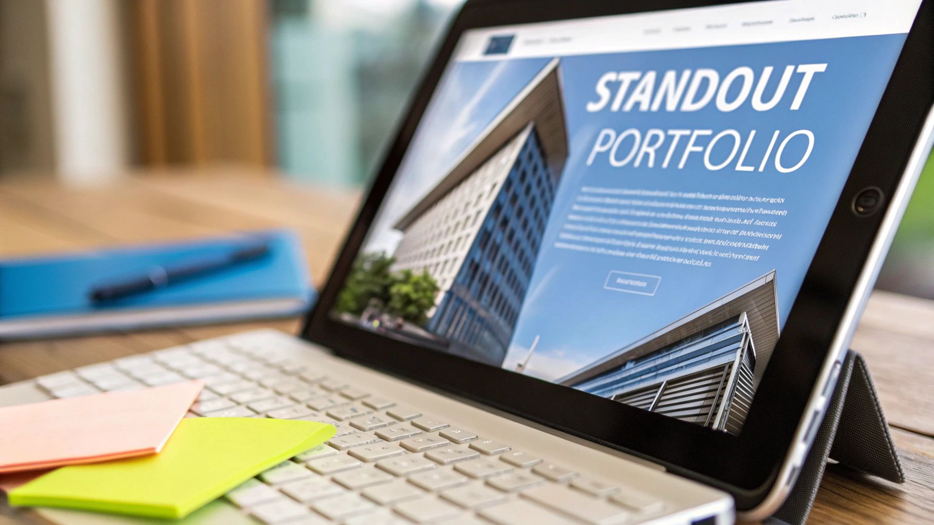 A laptop with sticky notes and a tablet displaying a 'Standout Portfolio' website on a wooden desk.