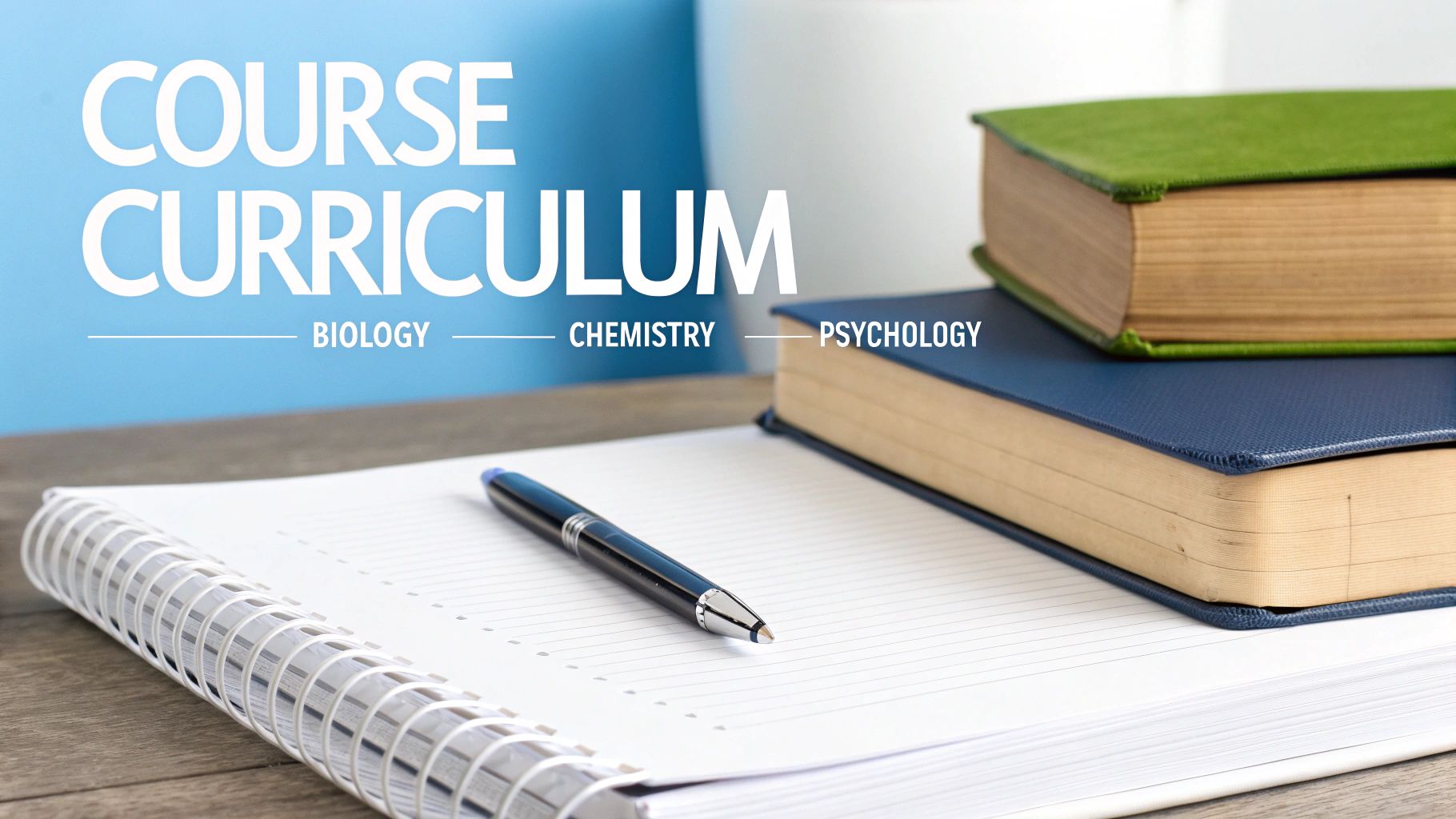 A student looking at a course curriculum on a tablet, with diagrams of biology and chemistry in the background.