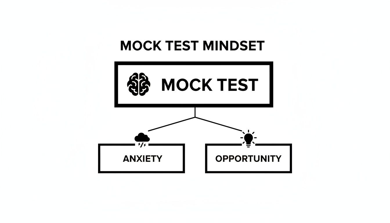 A flowchart illustrates 'Mock Test Mindset' branching into 'Anxiety' with a storm cloud and 'Opportunity' with a lightbulb.