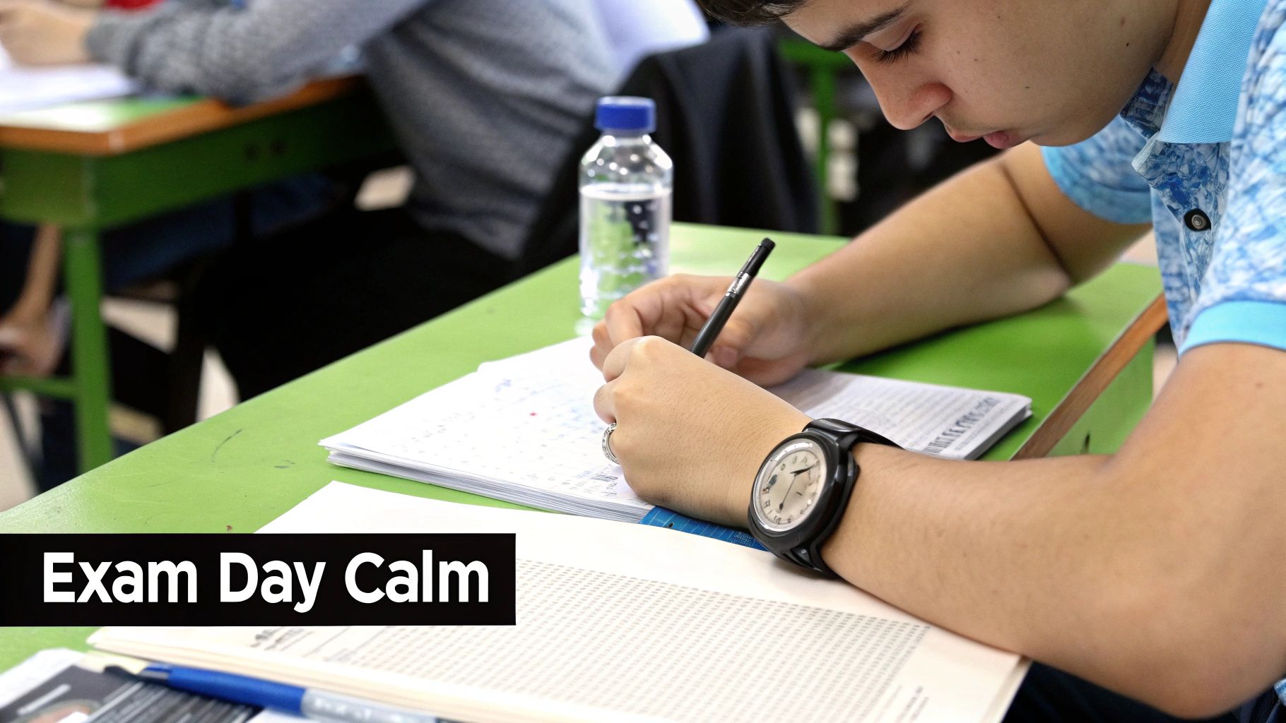 A focused student writes on an exam paper at a green desk with a water bottle nearby.