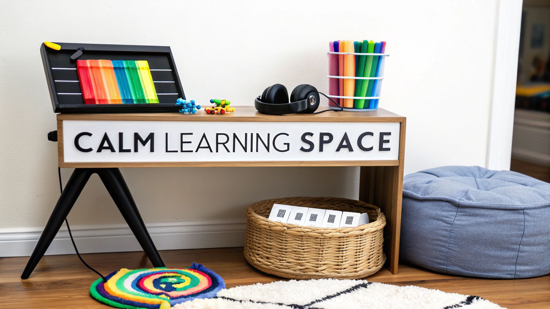 A dedicated calm learning space featuring a table, colorful learning aids, headphones, and a comfy cushion.