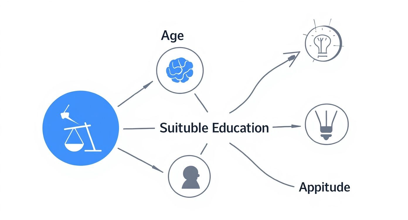 Flowchart illustrating suitable education based on age, aptitude, and balance, impacting learning outcomes.