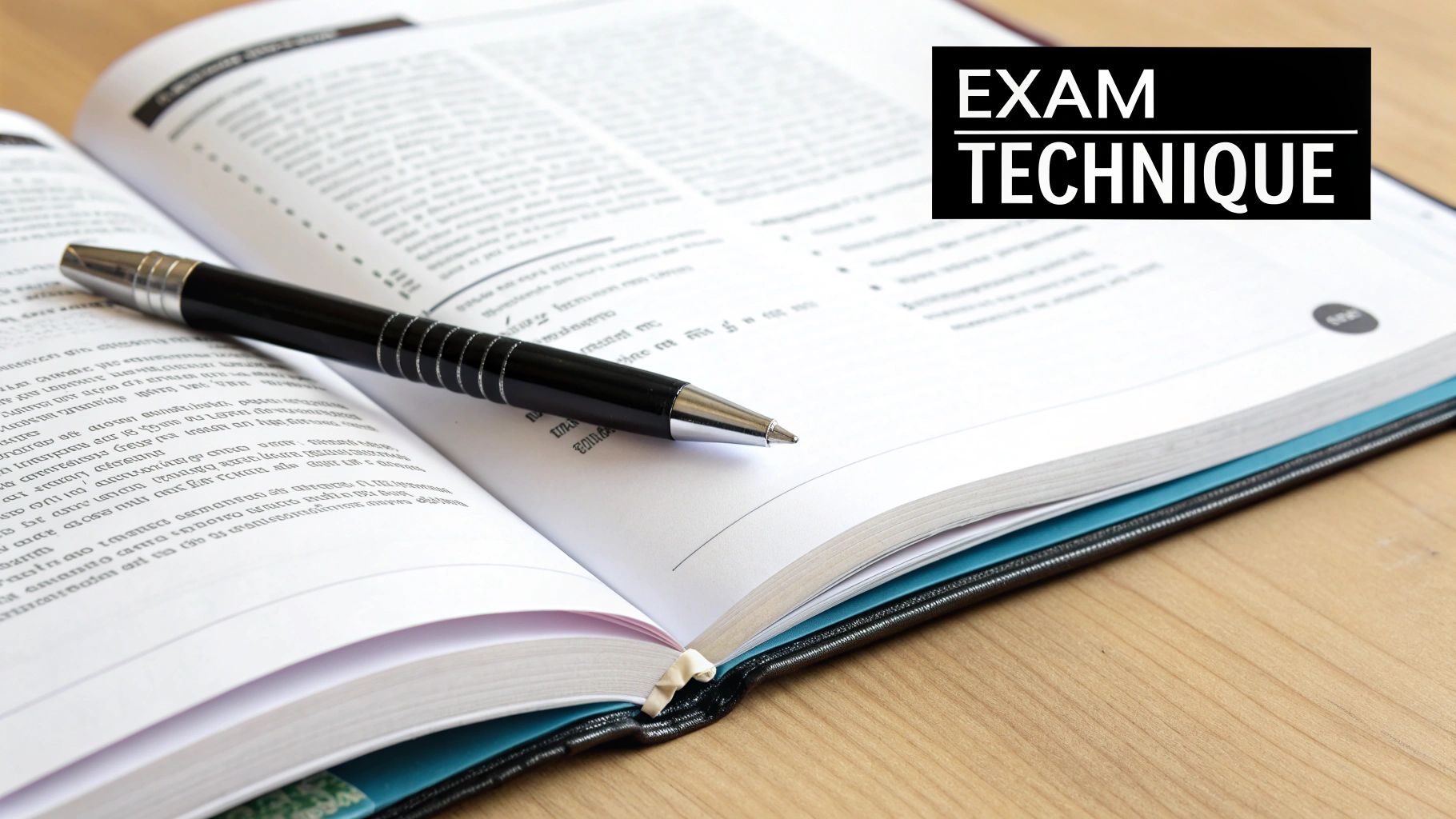 A pen rests on an open study book with 'EXAM TECHNIQUE' text overlay.