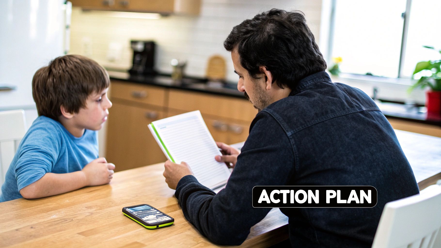 A man and a boy sit at a table, discussing an action plan from a notebook.