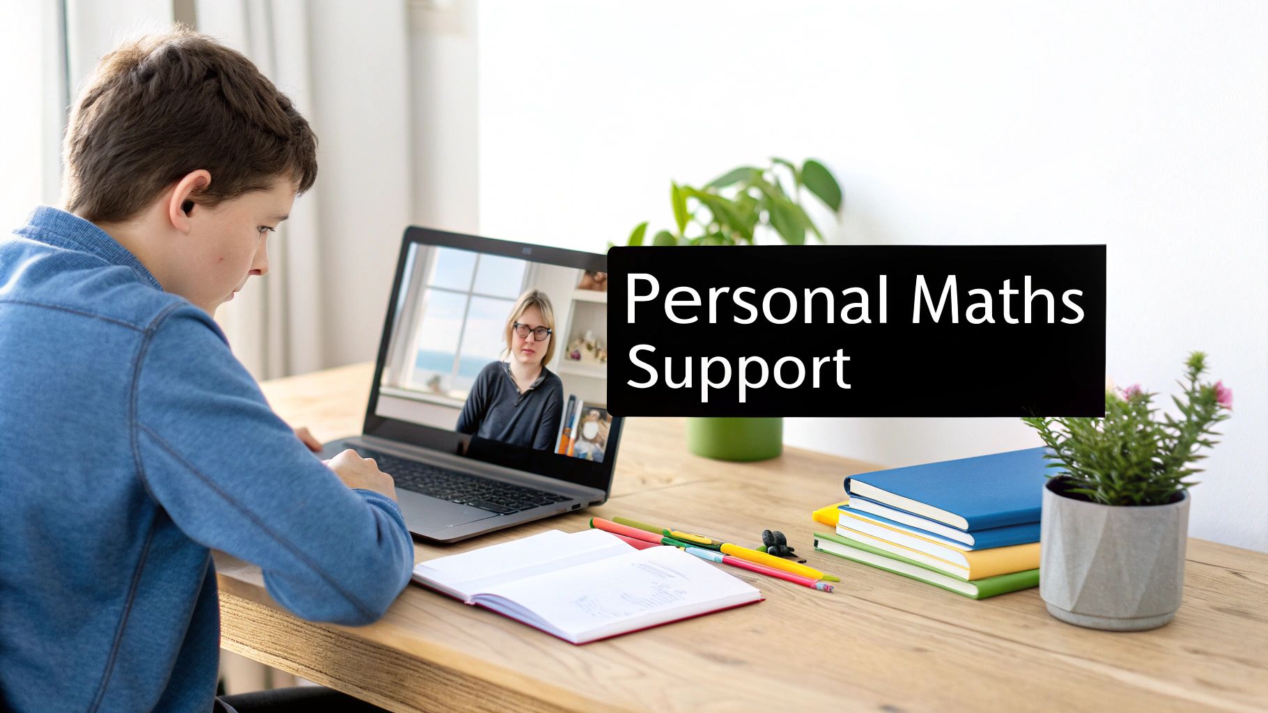 A young student receives personal maths support through an online video call on a laptop.